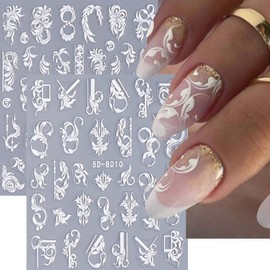 White Flower Nail Art Stickers 5D Embossed Flower Nail Decals 4PCS Self-Adhesive Spring Vine Floral French Nails Design Engraved Stickers Wedding Manicure Accessories for Women DIY Nail Decorations