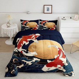 Feelyou Japanese Ukiyoe Comforter Set Kids Oriental Ocean Wave Comforter for Boys Girls Japanese Koi Fish Bedding Set Retro Moon Duvet Set Room Decor Quilt King Size Boys
