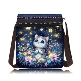 ARTopet DIY Diamond Art Painting Canvas Crossbody Bag Black Ethnic Minority Shoulder Purses Beach Bag Special Shaped Crystal by Numbers Mosaic Kits for Women-Cat