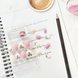 Press on Nails Short Square Flower Fake Nails Purple Full Cover Glossy Artificial Nails Stick On Nails with Glitter Designs Spring Acrylic Fake Nails for Women DIY Manicure Decoration