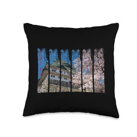 SILKY SUTERA INC Nagoya Castle and White Sakura Flowers Throw Pillow, 16x16, Multicolor