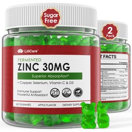 Zinc Gummies + Copper, Selenium, Vitamin C & D3, Fermented Zinc Supplements for Women and Men with Elderberry for Daily Immune Support, Powerful Antioxidant, High Absorption, Vegan, Sugar Free, 2 Pack