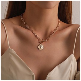 Allereya Gold Layered Paper Clip Chain Necklace Gold Coin Disc Necklace Portrait Coin Pendent Necklace Retro Round Coin Necklace Jewelry for women and Girls