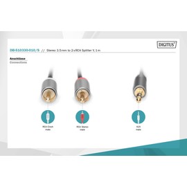 Digitus audio adapter cable - 3.5mm jack to 2x RCA - aux cable - stereo cable - RCA adapter - gold-plated contacts - braided cable - 1m - black - for stereo systems, home cinema, soundbar, computer