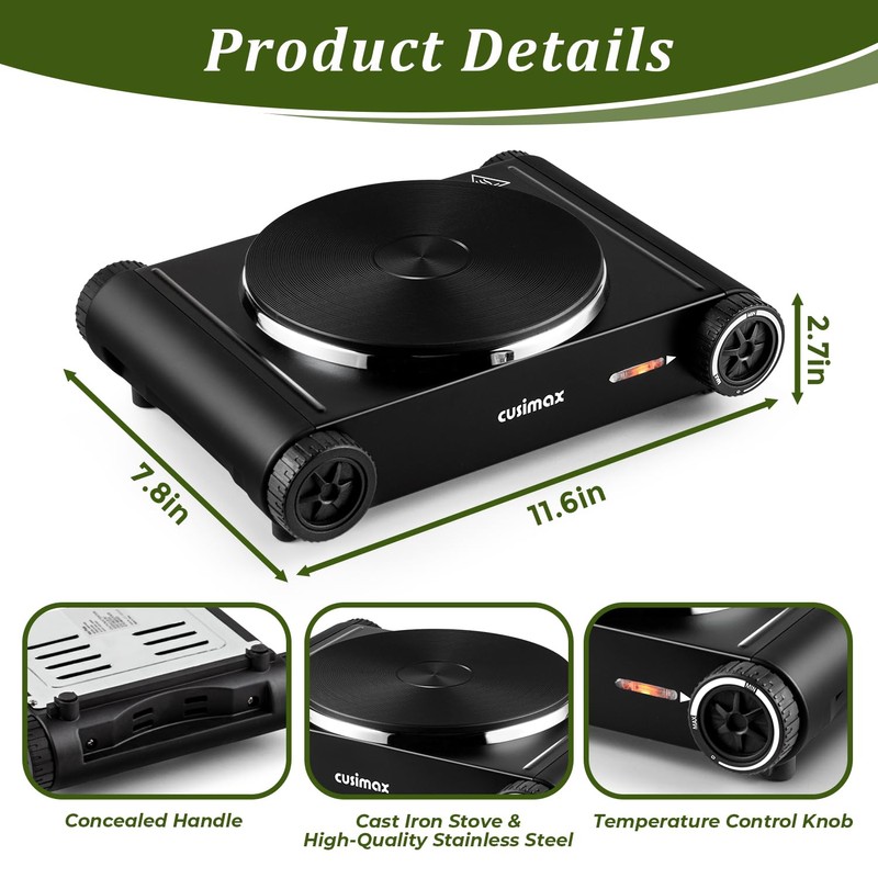 Cusimax Hot Plate,1500W Hot Plate Electric with 7.4″Cast Iron Countertop