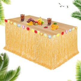 Aomig Hawaiian Grass Table Skirt, Hawaiian Tropical Party Decoration Grass Table Skirt, 275 x 75 cm Grass Table Cloths with Flowers for Luau Party Birthday Tiki Bar Tropical Hula Party(1 Pc)