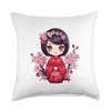 Cute Kokeshi Doll With Cherry Blossoms I Kokeshi Throw Pillow