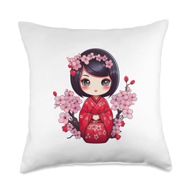 Cute Kokeshi Doll With Cherry Blossoms I Kokeshi Throw Pillow