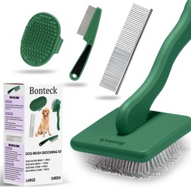 Bonteck Dog Slicker Brush for Dogs Grooming Kit 4PCS | Large Dog Brush for Goldendoodles Poodles Doodles | Long Pin Haired Brush | Poodle Brushes and Comb (Green)