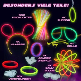 Vivaloo Vivaloo Knicklichter Party Set 100 Stück + Zubehör - Leuchtstäbe mit Verbinder für Leuchtarmbänder, Party Brillen, Bälle usw. - Party Deko & Festival Zubehör - Party Lichter Neon - Deko Party