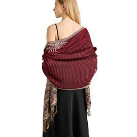 vimate Rave Pashmina Shawls and Wraps-Soft Silky Burgundy Jacquard Evening Paisley Pashmina Scarves for Women Winter(Style 2-Burgundy)