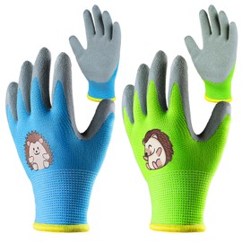 GEBETTER 2 Pairs Toddler Gardening Gloves for Age 2-5 Polyester Garden Gloves Coated Children Work Gloves for Toddlers Boys Girls Green & Blue XXS