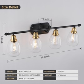 She's home 30Inch Black Gold Vanity Light for Bathroom 4 Lights, Bathroom Wall Light Fixture Over Mirror with Glass Shade