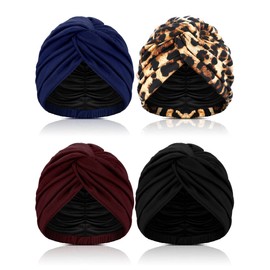 Turbantes para mujer, 4 piezas, elegante, forro de satén, turbante ajustable, turbante trenzado, de algodón, para dormir diariamente, negro, azul oscuro, leopardo rojo
