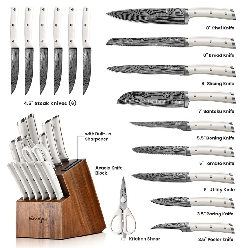 Knife Set, Emojoy 18-Pieces Kitchen Knife Set With Wooden Block,