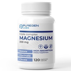 Puregen Labs Complejo Triple Magnesio 300mg de glicinato, malato y citrato de magnesio [alta absorción] 120 cápsulas vegetales | Sin aditivos nocivos 