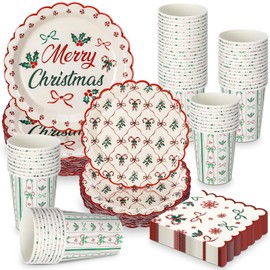 Potchen 200 Pcs Bow Christmas Tableware Set Disposable Plates and Napkins Paper Cups Coquette Aesthetic Bows Party Supplies Christmas Plates Set Holiday Dinnerware for Home Xmas Holiday Decoration