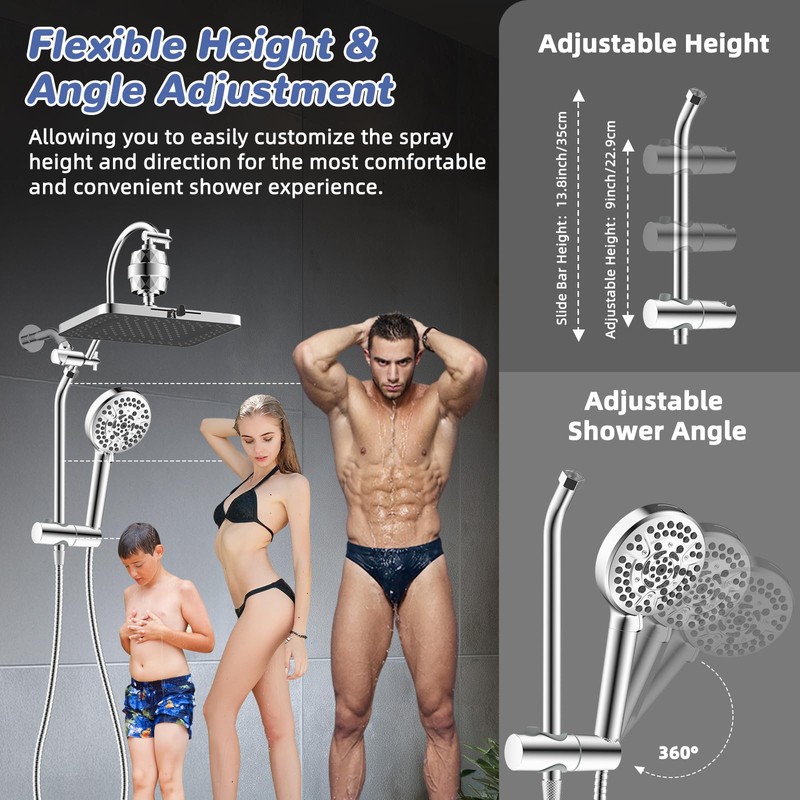 Hibbent 5-spray Filtered Rainfall Shower Head Combo, High Pressure 13''