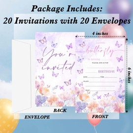 Gsauto Butterfly Birthday Invitations, 20 Invitation Cards with Envelopes, Purple Floral Invites for Girl Party Decorations Favor Supplies - A01
