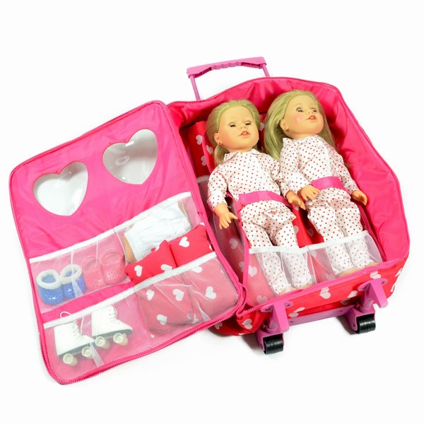Doll Double Travel Trolley with Double Sleeping Bag - Doll Travel case Fits 18 inch Dolls (Pink Hearts)