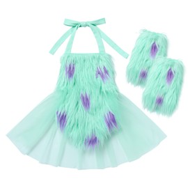Toddler Baby Girl Christmas Heart Faux Blue Monster Costume Tulle Tutu Romper Dress with Green Fuzzy Fur Leg Warmers Santa Hat Costumes Party Xmas Holiday Outfit Clothes Set Blue Aqua Fur 18-24 Months
