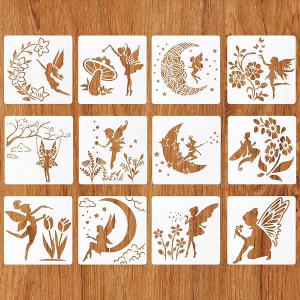 MWOOT Set of 12 Fairies, Fairy Drawing Painting Stencils Set, Reusable DIY Stencils for Scrapbooking Cards Floor Wall Tiles Canvas Furniture Decor (20 x 20 cm)