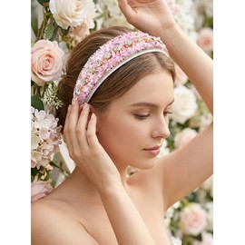Diadema con Diamantes de Imitación para Mujer, Diadema con Cristales Brillantes, Acolchada, Ancha, Accesorios para El Cabello con Purpurina, Color Rosa