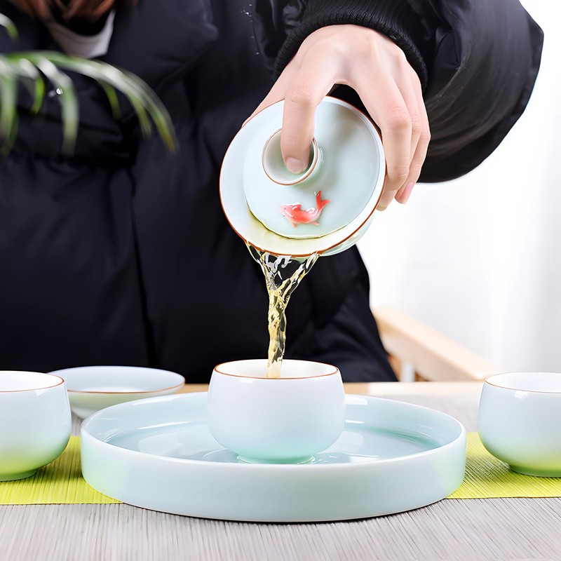 Hormsdar Yixing Handmade Celadon Colorful Koi Fish Gaiwan,Chinese Gongfu Tea