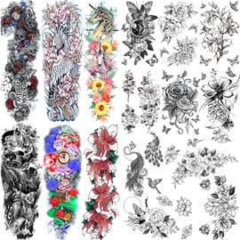 CUTELIILI Flora Temporary Tattoo for Women, 6 Sheets Sleeve Tattoos Full Arm Temporary Tattoo, 10 Sheets Half Arm Fake Tattoos That Look Real, Skeleton, Crane, Butterflies