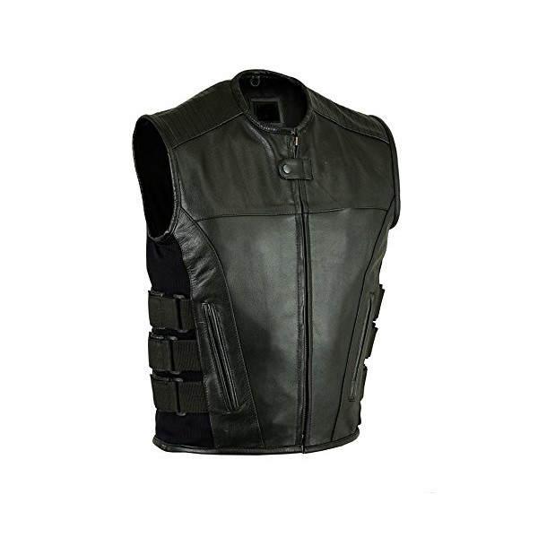 EXCELSIOR INT Men's Adjustable Sleeveless Leather Vest With Updated Tactical Swat Style Motorcycle Biker Jacket For Men- (L, Black)