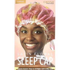 DONNA Satin Floral Sleep Cap Stays on All Night, Superior Strech, Sleep Cap for Women Pink Color