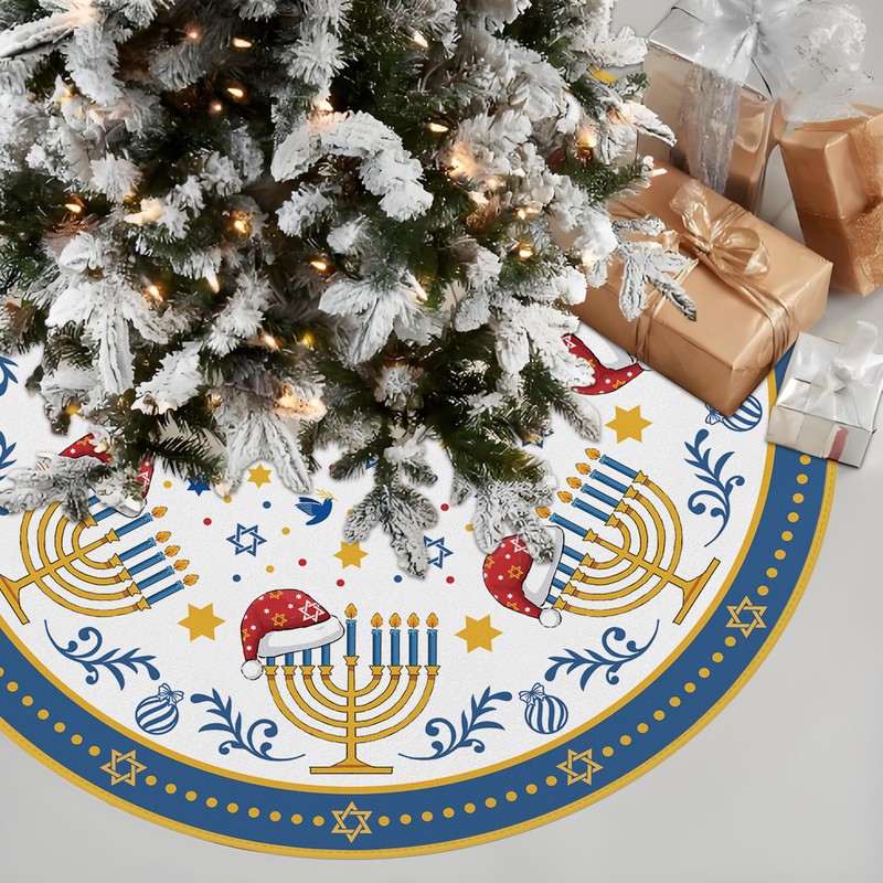 EKOREST Hanukkah Christmas Tree Skirt 36 Inches, Candlestick with Hat