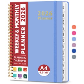 2026 Planner, Weekly and Monthly Planner, January 2026 - December 2026, Hardcover 2026 Calendar Planner Book with Tabs For Women & Men, Inner Pocket, Spiral Bound, Perfect for Office Home School Supplies - A4 (8.5" x 11"), Lavender