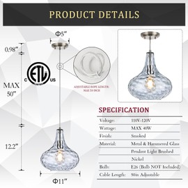 CATINER 11" Smoked Hammered Glass Pendant Light – Blown Glass Ceiling Fixture with Brushed Nickel Finish, Modern Industrial Lighting for Kitchen Island, Dining Room, Hallway, Living Room