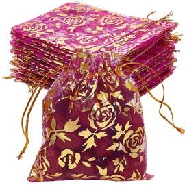 SOFPLATE 100Pcs 3.9 x 4.7 inch Small Mesh Gift Bags with Drawstring Jewelry Drawstring Pouch Bulk Gold Flower Pattern Candy Gifts Storage Bag for Wedding Party Favor Cosmetic Sample Earrings Packaging