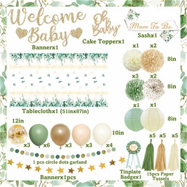 Sage Green Baby Shower Decorations Gender Neutral Baby Shower Decorations Welcome Baby Banner Sage Green Balloons Paper Lanterns Pom Poms Flowers Tablecloth Tassels Mom to Be Sash Dad to Be Pin