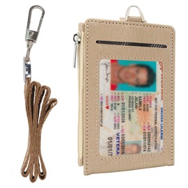 ID Badge Holder with Zip Pocket, Leather TD Card Holder with Lanyard, Multiple Card Slots Vertical ID Card Name Tag Badge Holder for Students Teens Boys Girls Office Staff Women (Beige)