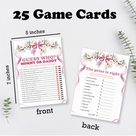 Guess Who? Mommy Or Daddy & The Price Is Right Theme Baby Shower Game Activities- 25 Blush Flowers & Bow Game Cards(5’’x7’’) For Boys & Girls- Decor & Supplies For Baby Shower Gender Neutral Party-D02