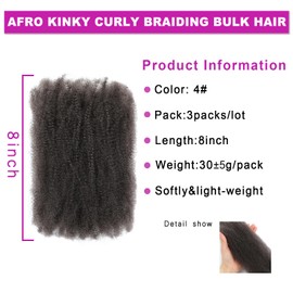Afro Kinky Curly Braiding Hair for Dreadlock Extensions Repair Locs 3 Packs Synthetic Afro Kinkys Bulk Hair Bundles Micro Spring Afro Twist Hair Bulk for Mini Twist Hair (4#, 8 Inch)
