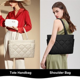 CORALDAISY Puffer Tote Bag for Women, Lightweight Travel Tote Handbag Shoulder Bag with Zipper, Quilted Nurse Bag with Laptop Compartment for Work College, Black