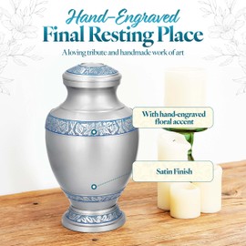 GSM Brands Cremation Urn for Adult Human Ashes - Large Handcrafted Funeral Memorial with Elegant Silver Design (Aluminum - 12 Inch Height x 7 Inch Width)