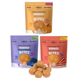 BUDDY BUDDER 3PK Bites, Peanut Butter Dog Treats (Pumpkin, Bacon, Superberry), 100% Natural Peanut Butter Reward or Hide-a-Pill, Made in USA (3 Pack)