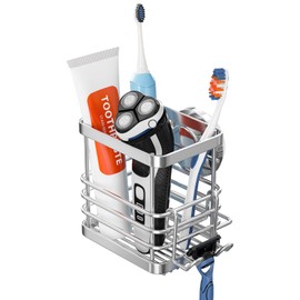TAILI Suction Cup Toothbrush Holder, Silver Stainless Steel Anti-puddling Shower Toothbrush Holder, No Drilling Removable Organizer for Bathroom Razor, Toothbrush, Toothpaste or Kitchen & Office items