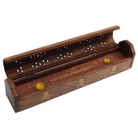 OM SHRI OM Wooden Coffin Incense Burner - 12" Skull Inlays for Incense Sticks and Cones