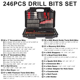 COMOWARE Drill Bit Set, 246 Pcs Drill Bits for Cordless Drill, Drill Driver Bit Set for Wood, Metal, Masonry, Cement and Screwdriver Bits Set Combo Kit, Red Case