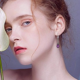 Vintage Leverback Amethyst Purple Earrings Sterling Silver Retro Drop Earrings with Oval Simulated Birthstone Crystal from Austria, Birthday Jewelry Gifts for Women