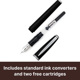 Monteverde USA Aldo Domani Fountain Pen Black – Fine Nib – Free Ink Bottle, Converter & Cartridges – Smooth JoWo German Nib – Elegant Gift Pen in Luxury Box