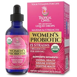Tropical Oasis Probiótico líquido orgánico USDA para mujeres | Equilibrio del pH, UT y salud femenina | Apoyo digestivo, salud inmunitaria e intestinal | 15 cepas clínicamente estudiadas