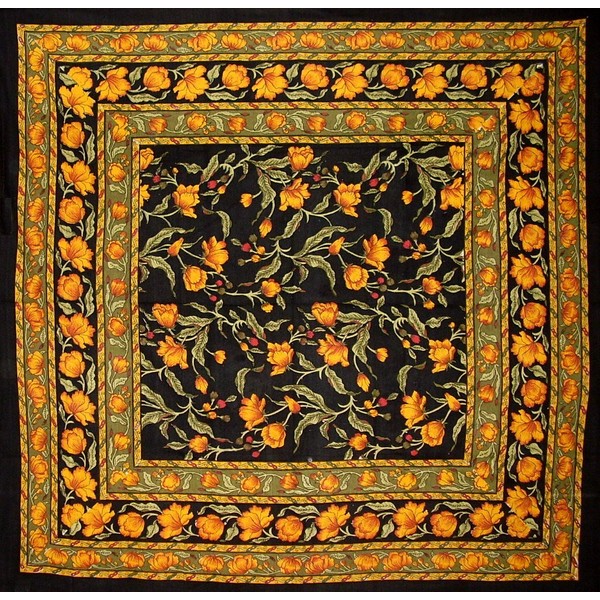 India Arts French Floral Square Cotton Tablecloth 60" x 60" Amber on Black
