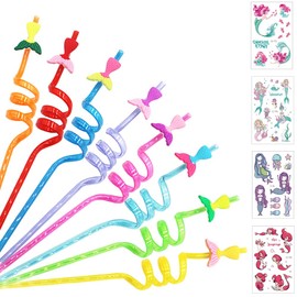 12 Pcs Mermaid Tail Drinking Plastic Straws + 4 Temporaty Tattoos +1 Cleaning Brush,Reusable Drinking Straws for Birthday Party Supplies